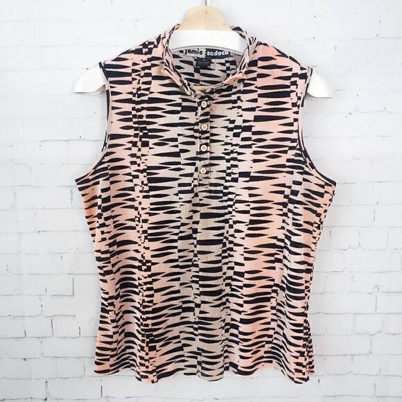 Jamie Sadock Golf Top Size M Peach Pink Black Zebra Striped Slinky Ribbed Artsy - Picture 1 of 5